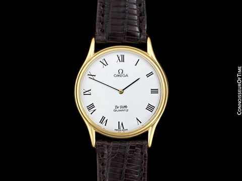 Omega De Ville Vintage Mens Midsize Thin Accuset Dress Watch with White Dial - 18K Gold Plated & Stainless Steel