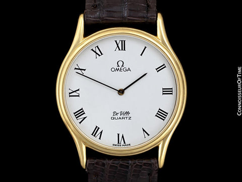 Omega De Ville Vintage Mens Midsize Thin Accuset Dress Watch with White Dial - 18K Gold Plated & Stainless Steel