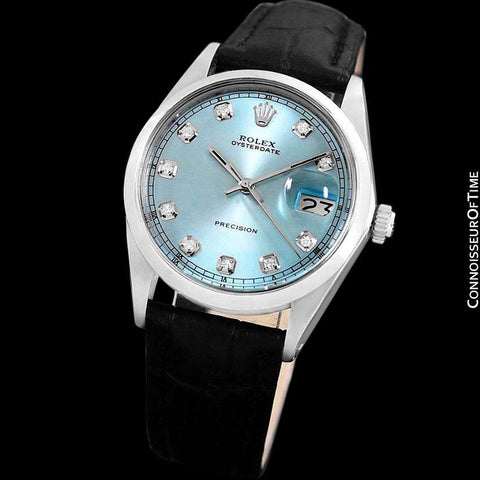 1969 Rolex Oysterdate Mens Vintage Tiffany Blue Dial Watch - Stainless Steel & Diamonds