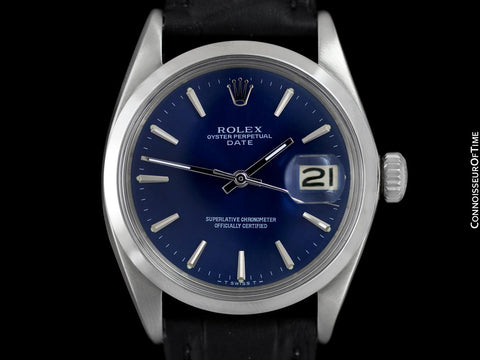 1968 Rolex Oyster Perpetual Date Ref. 1500 Vintage Mens Blue Dial Watch - Stainless Steel