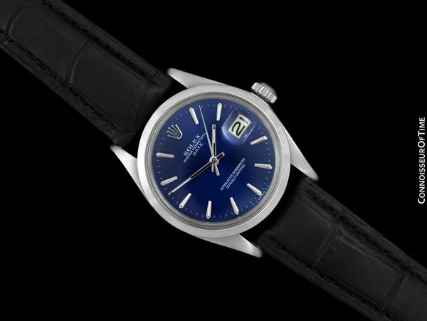 1968 Rolex Oyster Perpetual Date Ref. 1500 Vintage Mens Blue Dial Watch - Stainless Steel
