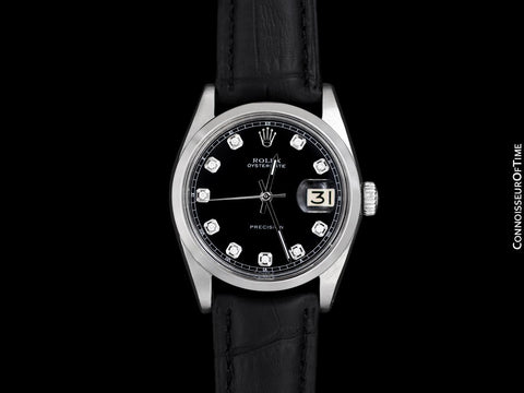 1963 Rolex Oysterdate Mens Vintage Ref. 6694 Date Watch with Black Dial - Stainless Steel & Diamonds
