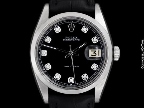 1963 Rolex Oysterdate Mens Vintage Ref. 6694 Date Watch with Black Dial - Stainless Steel & Diamonds