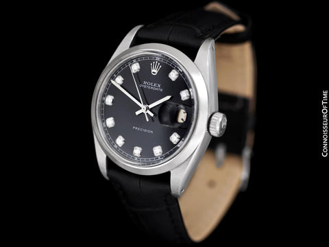 1963 Rolex Oysterdate Mens Vintage Ref. 6694 Date Watch with Black Dial - Stainless Steel & Diamonds