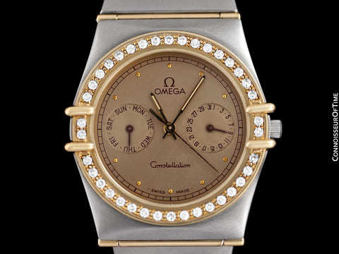 Omega Constellation Manhattan Mens 35mm Watch, Quartz, Day Date - Brushed Stainless Steel & 18K Gold with Omega Factory Diamonds