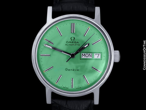 1976 Omega Geneve Vintage Automatic Day Date Mens Green Dial Watch - Stainless Steel