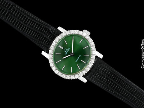 1973 Omega Geneve Vintage Ladies Handwound Watch with Forest Green Dial - Stainless Steel & Diamonds
