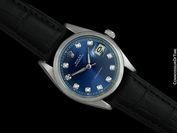 1963 Rolex Oysterdate Mens Vintage Ref. 6694 Date Watch with Blue Dial - Stainless Steel & Diamonds