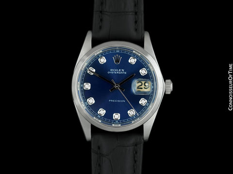 1968 Rolex Oysterdate Mens Vintage Ref. 6694 Date Watch with Blue Dial - Stainless Steel & Diamonds