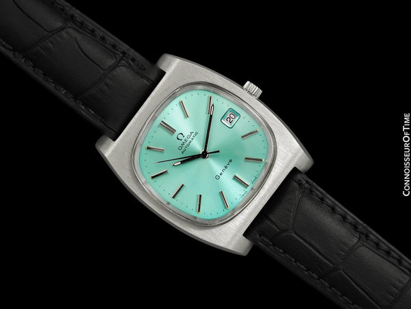 1974 Omega Geneve Vintage Mens TV Shaped Watch with Tiffany Blue Dial - Stainless Steel