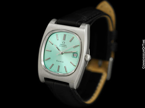 1974 Omega Geneve Vintage Mens TV Shaped Watch with Tiffany Blue Dial - Stainless Steel