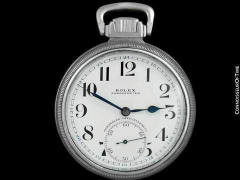 1930's Rolex Railroad Kew A Chronometer 21J Antique Mens Pocket Watch, 52mm - Snowite Chrome