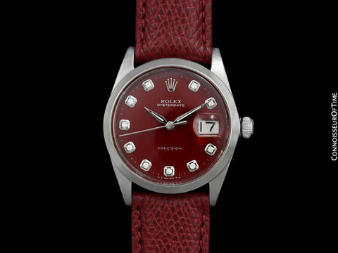 1964 Rolex Oysterdate Mens Vintage Ref. 6694 Date Watch with Red Dial - Stainless Steel & Diamonds