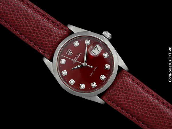 1964 Rolex Oysterdate Mens Vintage Ref. 6694 Date Watch with Red Dial - Stainless Steel & Diamonds