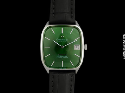 1971 Omega Constellation Chronometer Vintage Mens Tonneau Watch with Green Emerald Dial - Stainless Steel