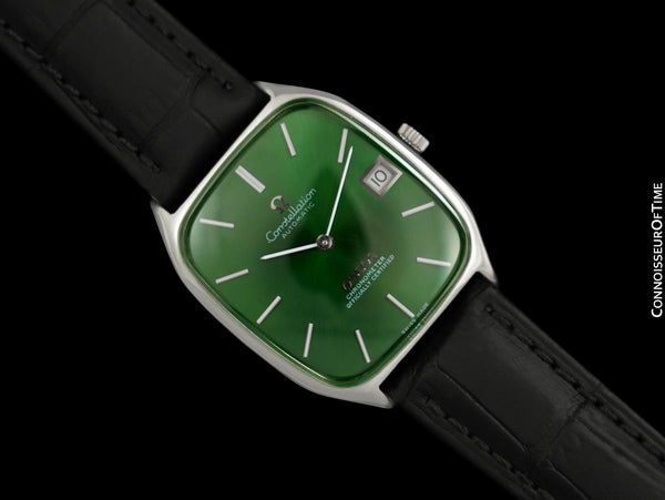 1971 Omega Constellation Chronometer Vintage Mens Tonneau Watch with Green Emerald Dial - Stainless Steel