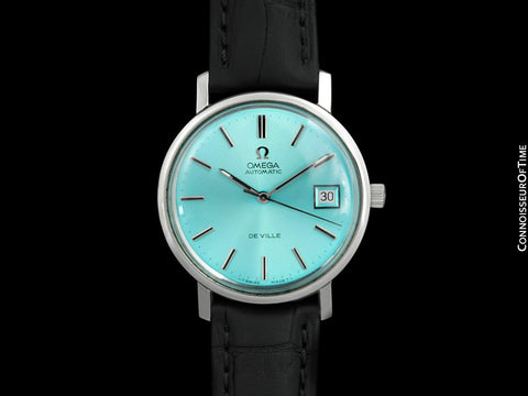 1970's Omega De Ville Vintage Mens Full Size Automatic Watch with Date and Tiffany Blue Dial - Stainless Steel
