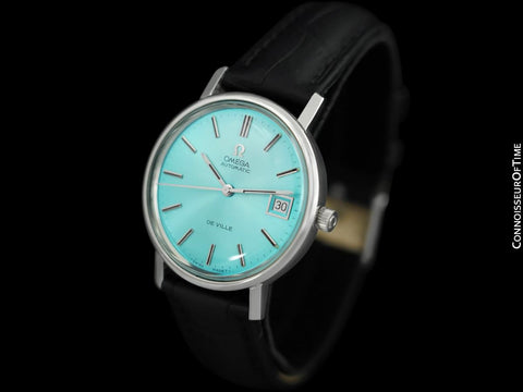 1970's Omega De Ville Vintage Mens Full Size Automatic Watch with Date and Tiffany Blue Dial - Stainless Steel