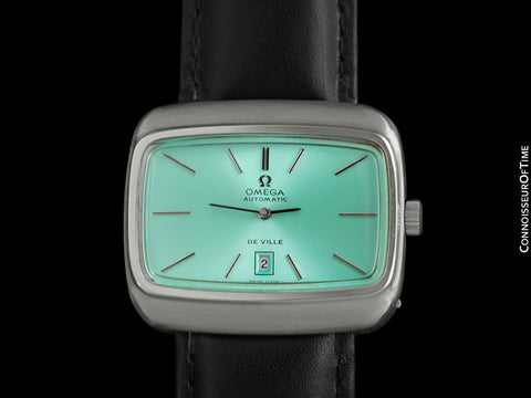 1970's Omega De Ville Mens Retro Dress TV Watch with Tiffany Blue Dial - Stainless Steel