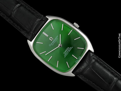 1978 Omega Constellation Chronometer Vintage Mens Tonneau Watch with Green Emerald Dial - Stainless Steel