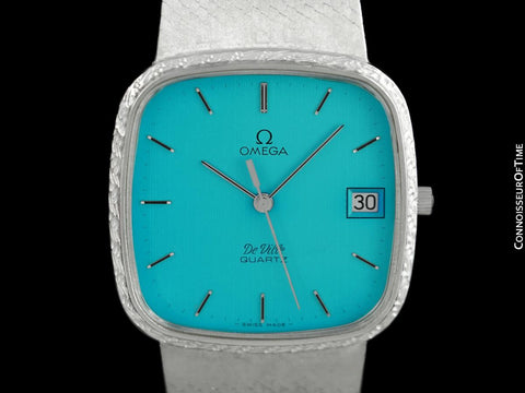 1980 Omega De Ville Classic Retro Mens Accuset Watch with Turquoise Dial, Quick-Setting Hour - Stainless Steel