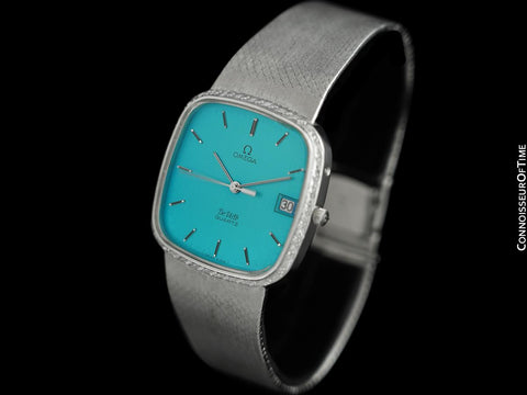 1980 Omega De Ville Classic Retro Mens Accuset Watch with Turquoise Dial, Quick-Setting Hour - Stainless Steel