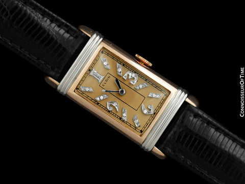1937 Elgin Vintage Art Deco Mens Watch with Gadrooned Lugs - 14K Rose & White Gold with Diamonds
