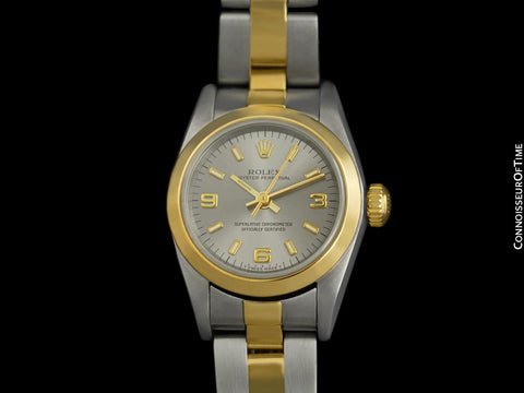 Rolex Ladies 2-Tone Oyster Perpetual, Gray Baton Dial - 18K Gold & Stainless Steel