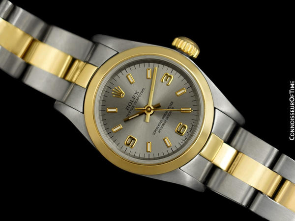 Rolex Ladies 2-Tone Oyster Perpetual, Gray Baton Dial - 18K Gold & Stainless Steel