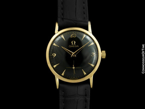 1955 Omega Vintage Mens Handwound Watch with Explorer Dial - 14K Gold