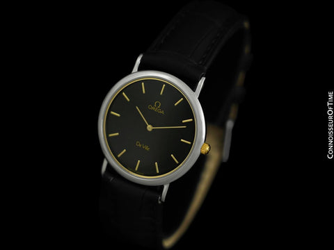 1990's Omega De Ville Vintage Mens Midsize Ultra Thin Dress Watch - Stainless Steel & 18K Gold Plated
