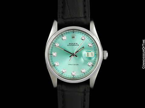 1964 Rolex Oysterdate Mens Vintage Tiffany Blue Dial Watch - Stainless Steel & Diamonds