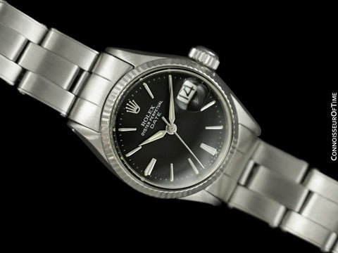 1962 Rolex Classic Vintage Ladies Date Datejust Watch, Black Dial - Stainless Steel & 18K White Gold