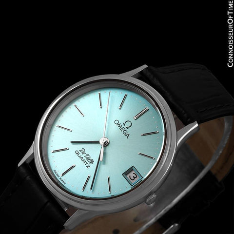 1981 Omega De Ville Classic Retro Mens Accuset Watch with Tiffany Blue Dial, Quick-Setting Hour - Stainless Steel