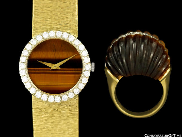 1970 Piaget Ladies Vintage Tiger Eye 18K Gold & Factory Piaget Diamond Watch & Ring - Boxes & Papers