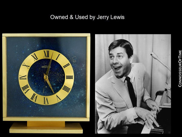 Owned & Used By Jerry Lewis - 1970 Angelus Brass & Lapis Desk Clock with Alarm and Inscription to Mr. Lewis