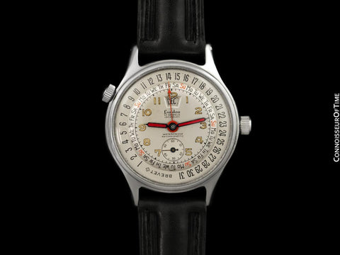 1950's Swiss Landau Date-O-Graph Vintage Large Mens Triple Date Calendar Watch - Stainless Steel