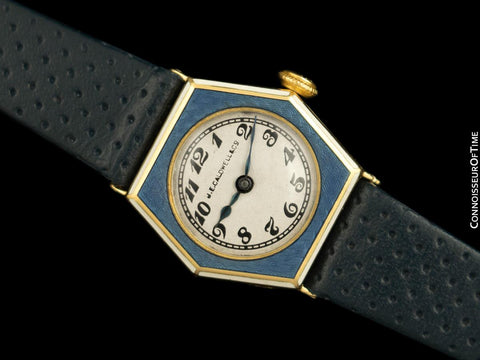1930's J.E. Caldwell Cresarrow Vintage Art Deco Ladies Watch - 14K Gold & Blue Enamel