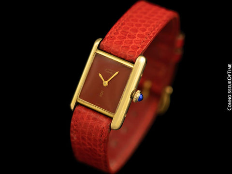 Cartier Vintage Ladies Tank Mechanical Wine Dial Watch - Gold Vermeil, 18K Gold over Sterling Silver