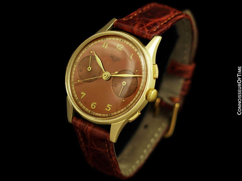 1950's Heuer Vintage Valjoux 23 Chronograph Mens Watch with Gorgeous Dial - 14K Gold