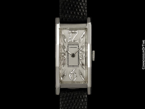 1946 Longines Vintage Mens Large Art Deco Watch - Platinum & Diamonds