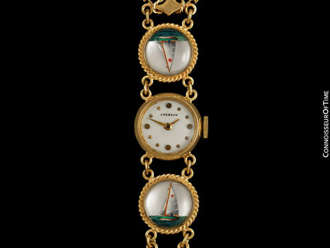 1950's Cresarrow like Tiffany / Girard Perregaux Vintage Ladies Nautical Bracelet Watch - 14K Gold & Essex Crystal