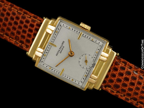 1940's Patek Philippe Vintage Mens Late Art Deco Handwound Watch with Stepped Case - 18K Gold