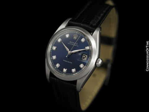 1960 Rolex Oysterdate Mens Vintage Ref. 6694 Date Watch with Blue Dial - Stainless Steel & Diamonds