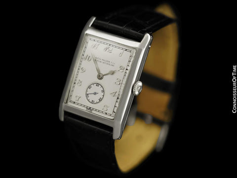 1927 Patek Philippe "Tortoise" Vintage Mens Art Deco Rectangular 18K White Gold Watch - Breguet Numerals