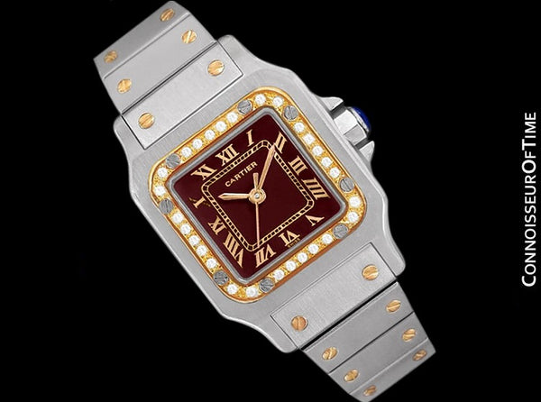 Cartier Santos Ladies Automatic Watch with Date with Red Wine Dial - Stainless Steel, 18K Gold and Diamonds