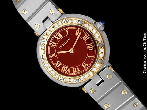 Cartier Santos Vendome Ladies Quartz Watch with Wine Dial - Stainless Steel, 18K Gold & Diamonds