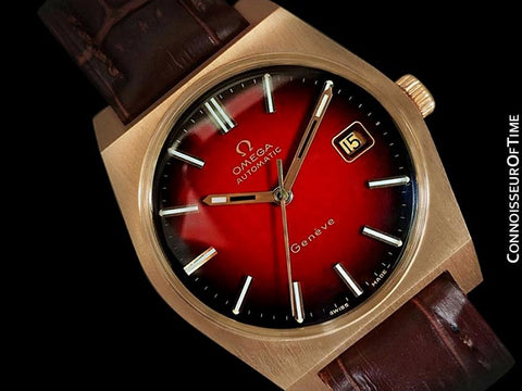 1973 Omega Geneve Vintage Mens Dress Watch with Red Vignette Dial & Date - 18K Gold Plated & Stainless Steel