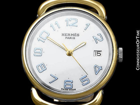Hermes Mens Midsize Unisex Pullman Watch - 18K Gold Plated and Stainless Steel