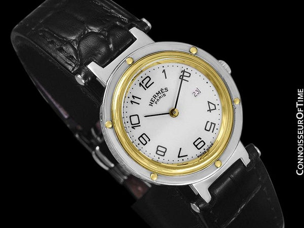 Hermes Midsize Unisex or Larger Ladies Clipper 2-Tone Quartz Watch - Stainless Steel and 18K Gold Plated